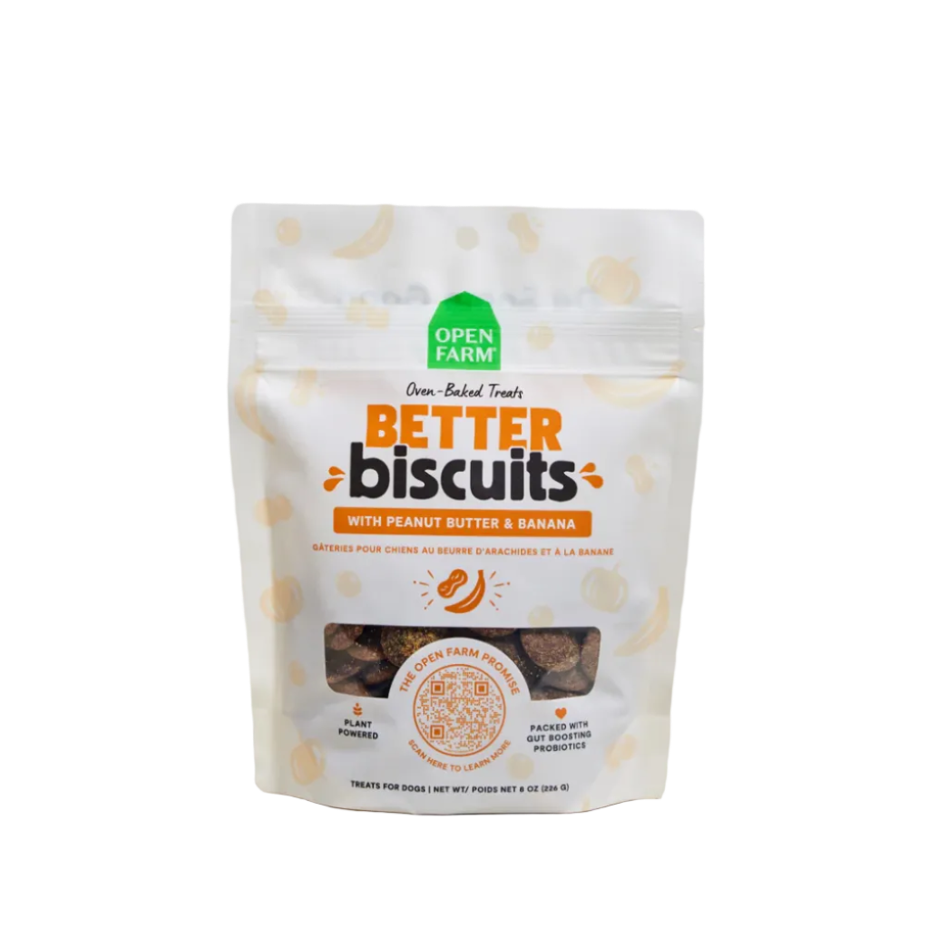 Package of Open Farm Better Biscuits on a beige background