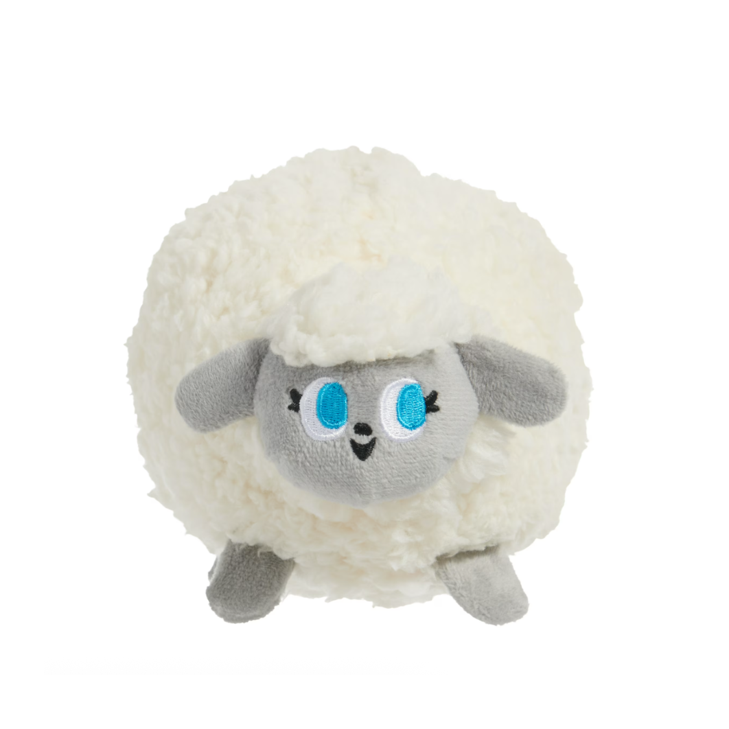 Plush toy sheep with white fleece and gray face on a white background