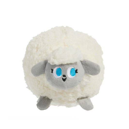 Plush toy sheep with white fleece and gray face on a white background