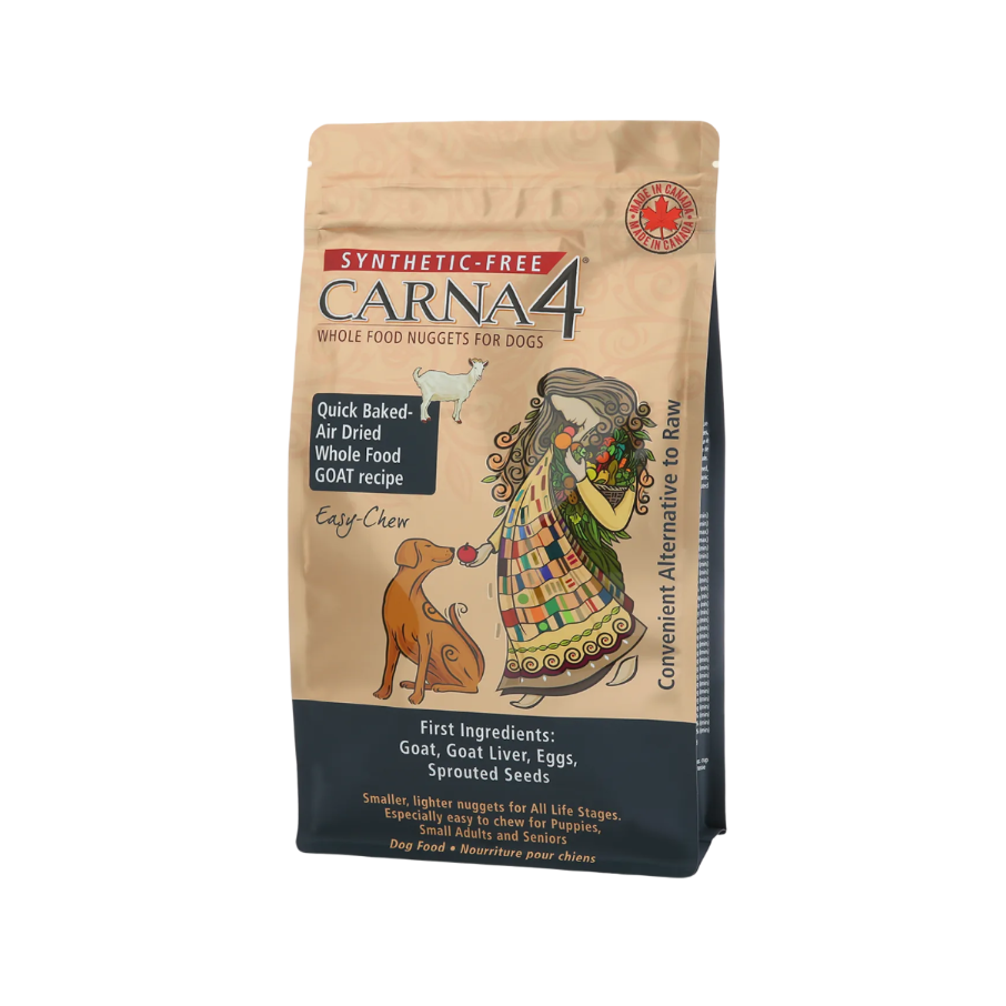Carna4 whole food nuggets for dogs packaging with a stylized illustration of a woman and dog.
