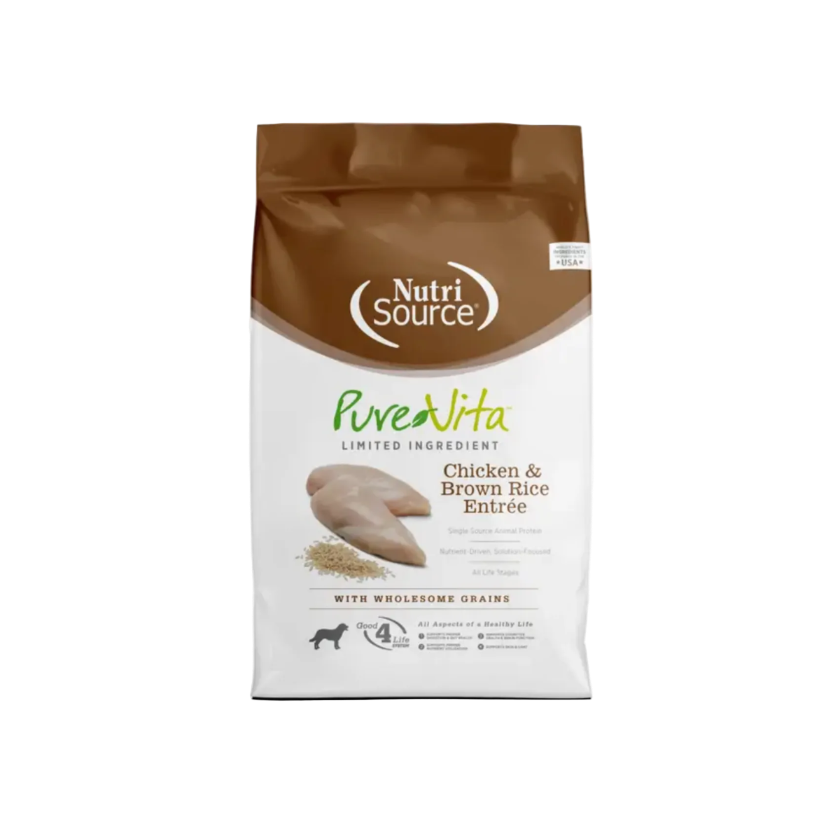NutriSource PureVita dog food package with chicken and brown rice on a white background