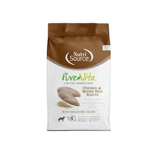 NutriSource PureVita dog food package with chicken and brown rice on a white background