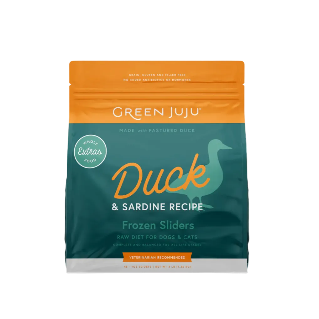 Green Juju Duck & Sardine Recipe Frozen Sliders package on a white background