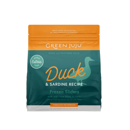 Green Juju Duck & Sardine Recipe Frozen Sliders package on a white background