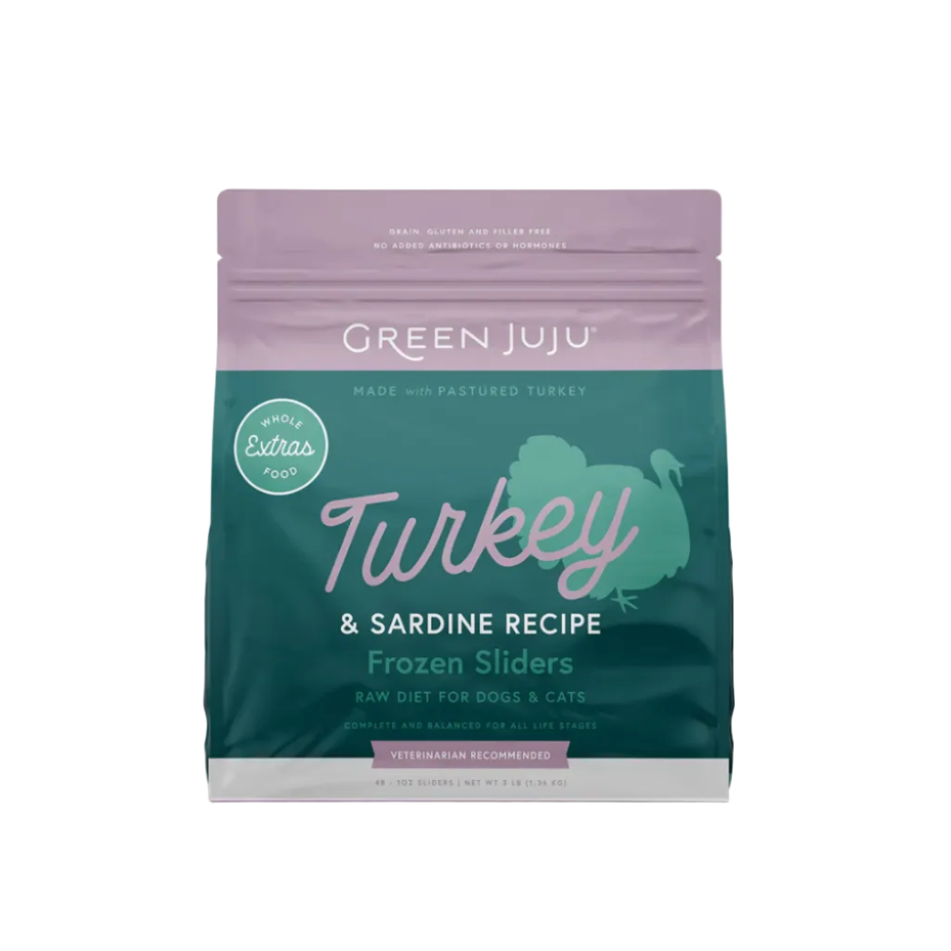 Green Juju Turkey & Sardine Recipe Frozen Sliders package on a white background