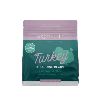 Green Juju Turkey & Sardine Recipe Frozen Sliders package on a white background