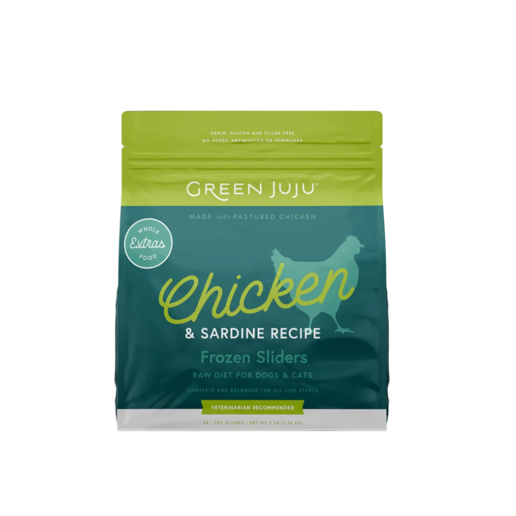 Green Juju chicken and sardine recipe frozen sliders packaging on a white background