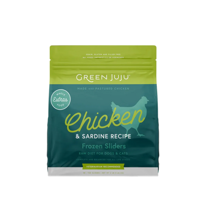 Green Juju chicken and sardine recipe frozen sliders packaging on a white background