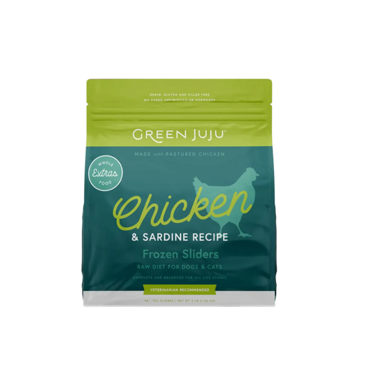 Green Juju chicken and sardine recipe frozen sliders packaging on a white background