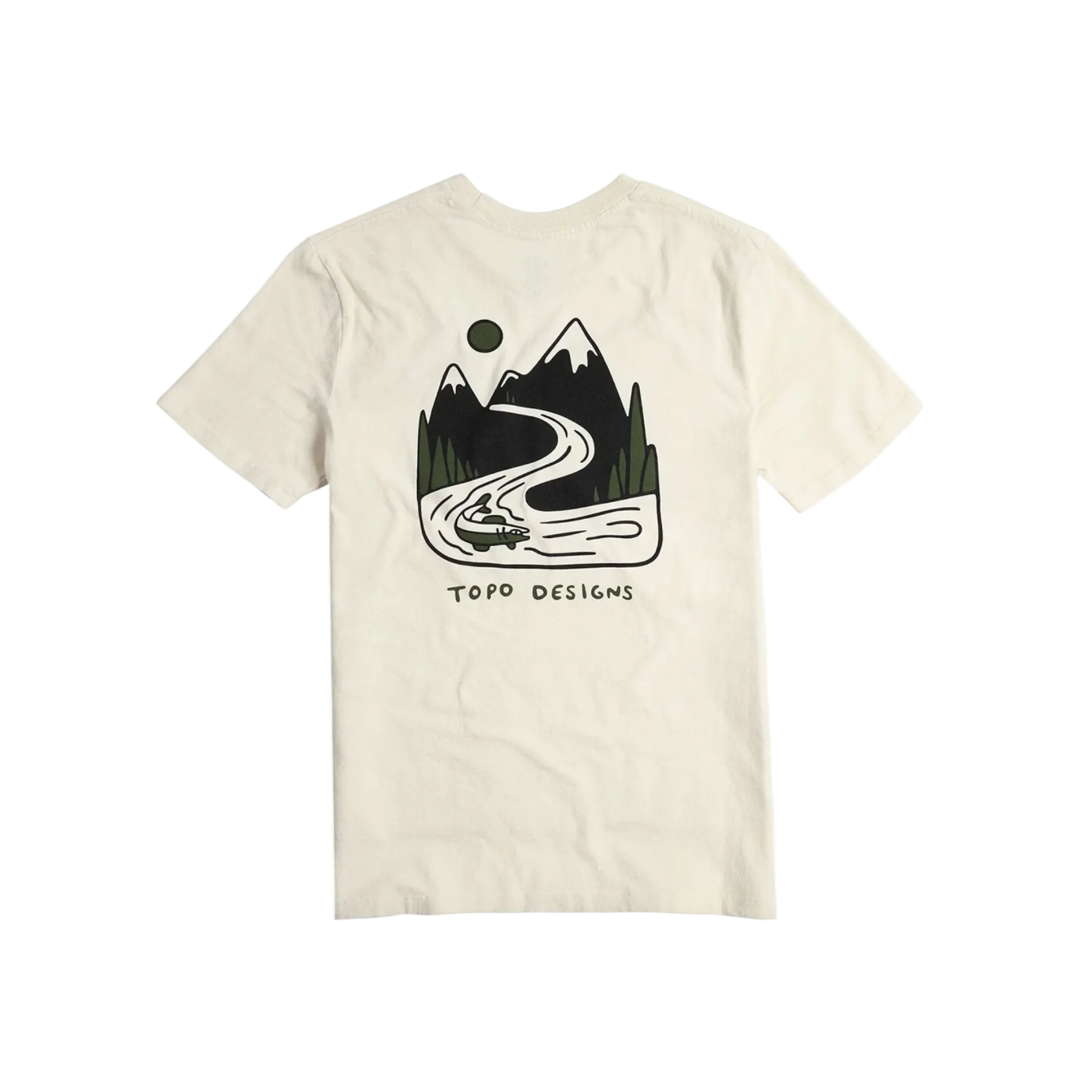 Beige t-shirt with a black and white graphic design of a mountain and river, featuring 'Topo Designs' branding.