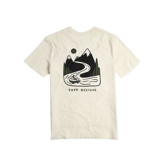 Beige t-shirt with a black and white graphic design of a mountain and river, featuring 'Topo Designs' branding.