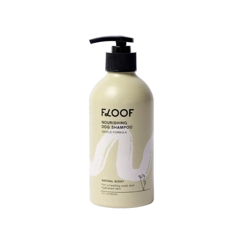 Floof nourishing dog shampoo bottle on a white background