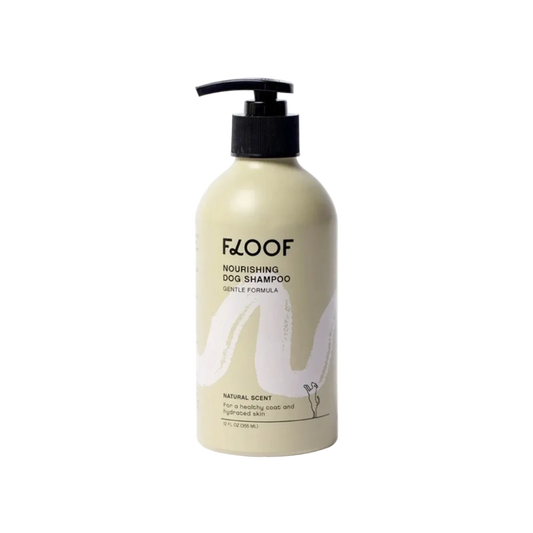 Floof nourishing dog shampoo bottle on a white background