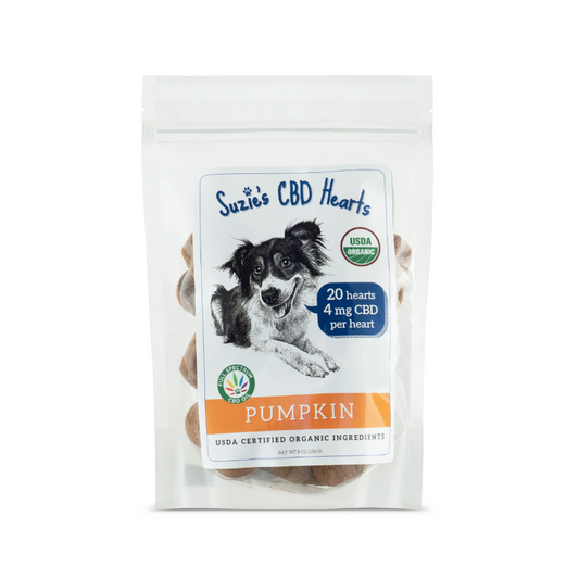 Package of Suzie's CBD Hearts for dogs with a dog illustration and product details on a white background.