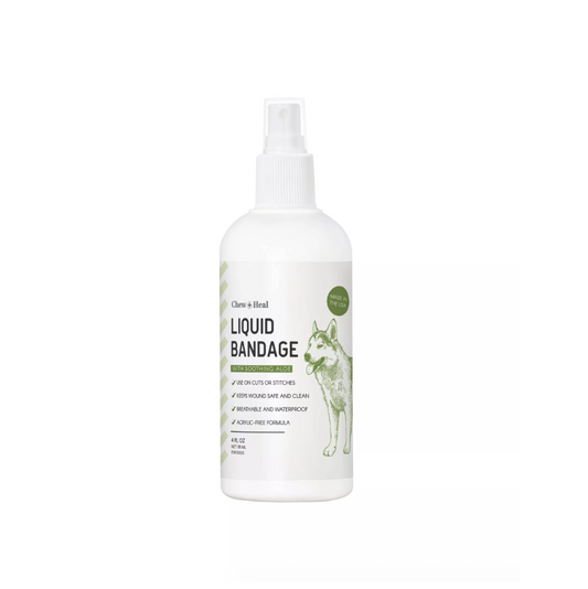 White bottle of 'Liquid Bandage' with a dog illustration on a white background