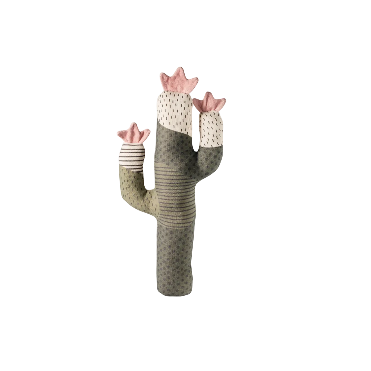 Decorative cactus-shaped candle with patterned arms on a white background