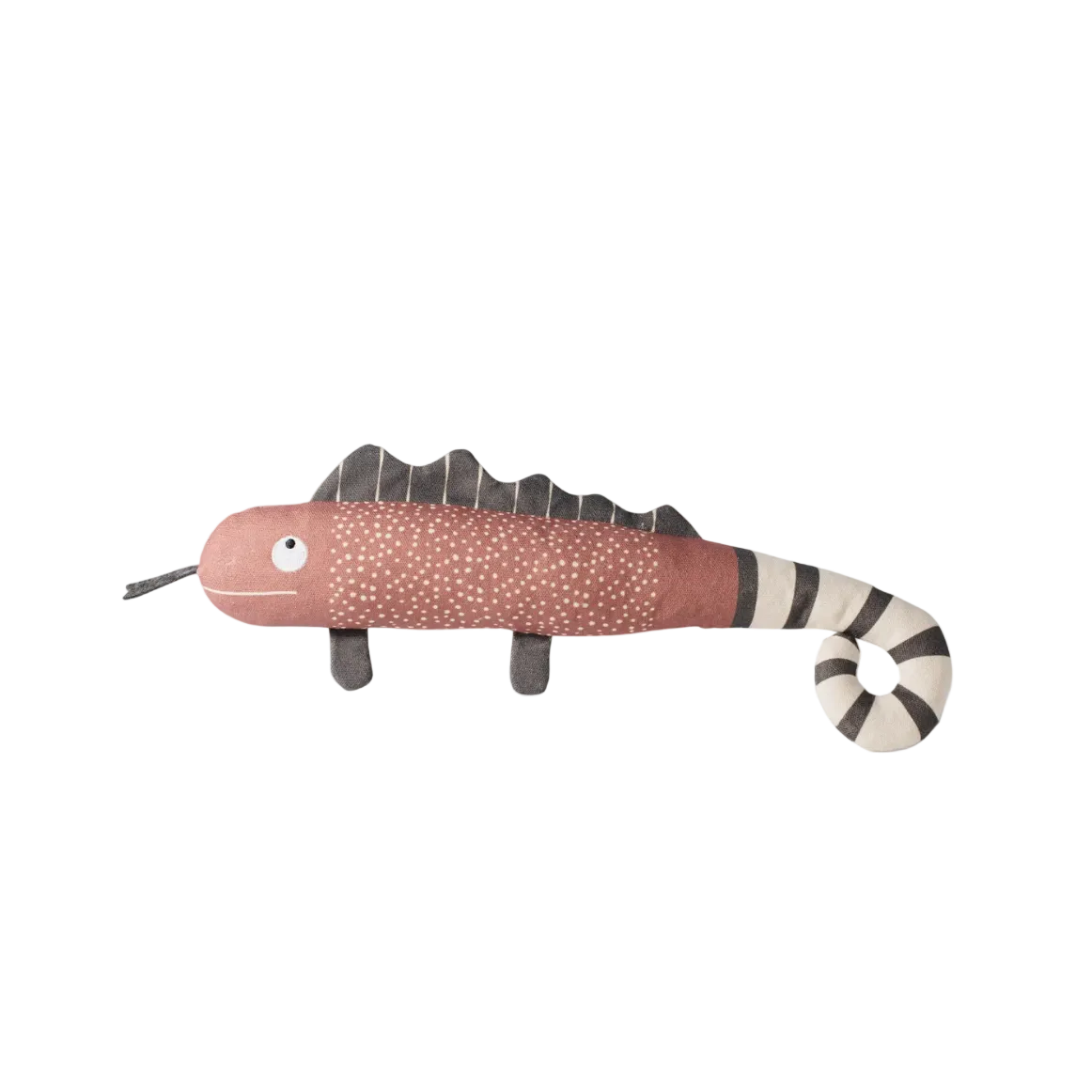 Toy lizard with a pink body and striped tail on a white background