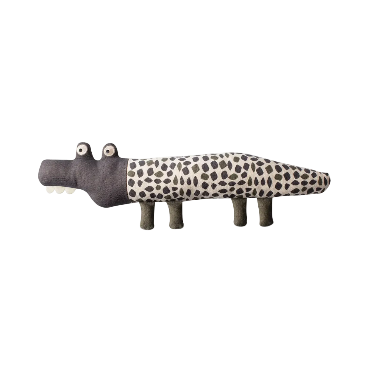 Toy alligator with spotted pattern on a white background