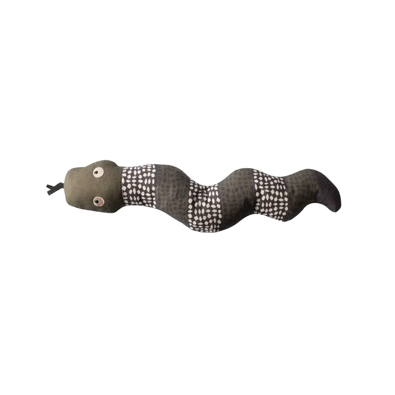 Sculptural object resembling a snake with patterned body on a white background