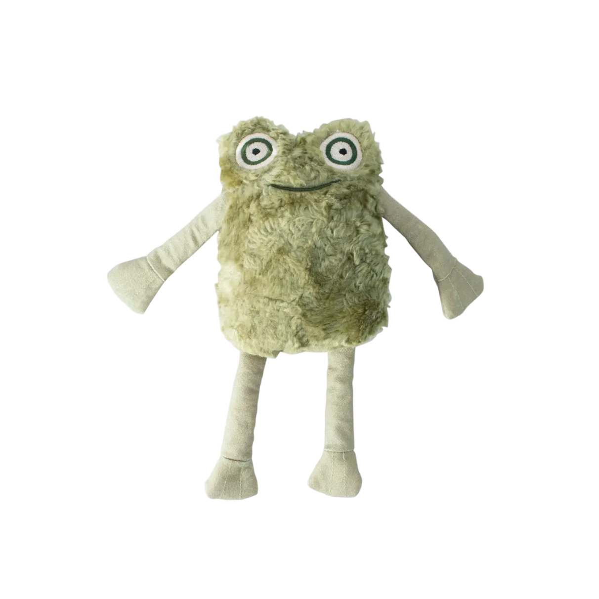 Plush toy with a green textured body and white legs on a white background