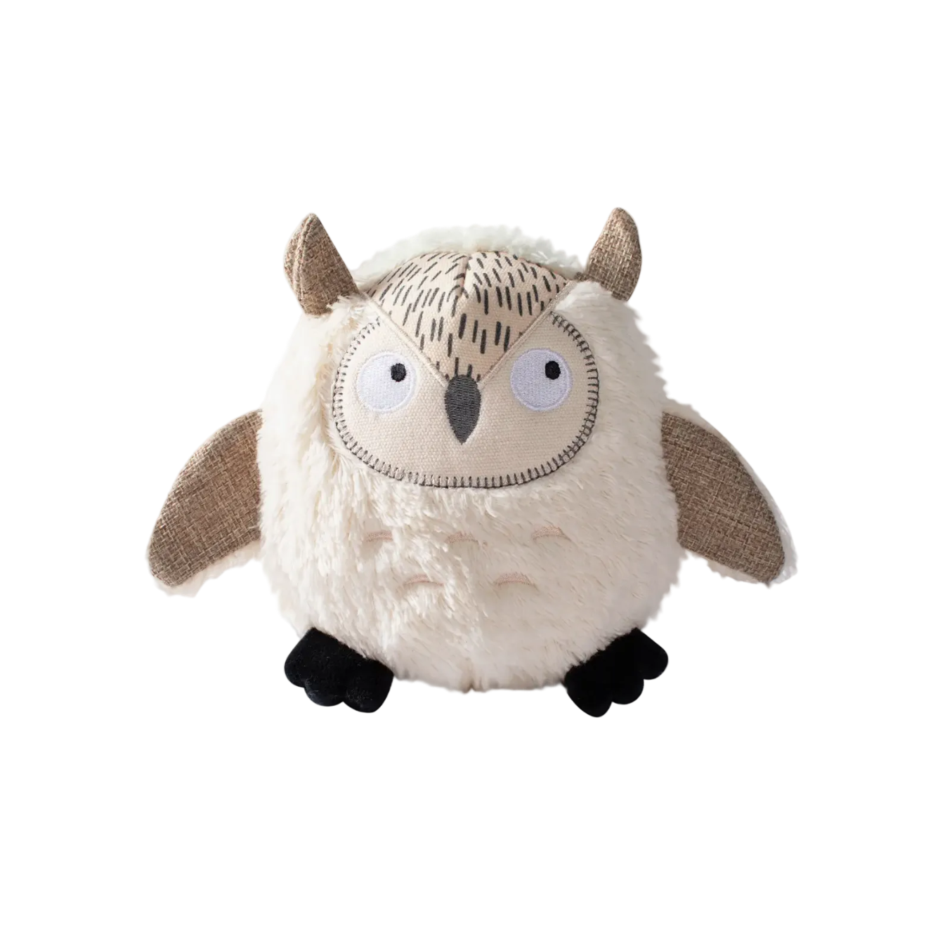 Plush owl toy with a neutral background