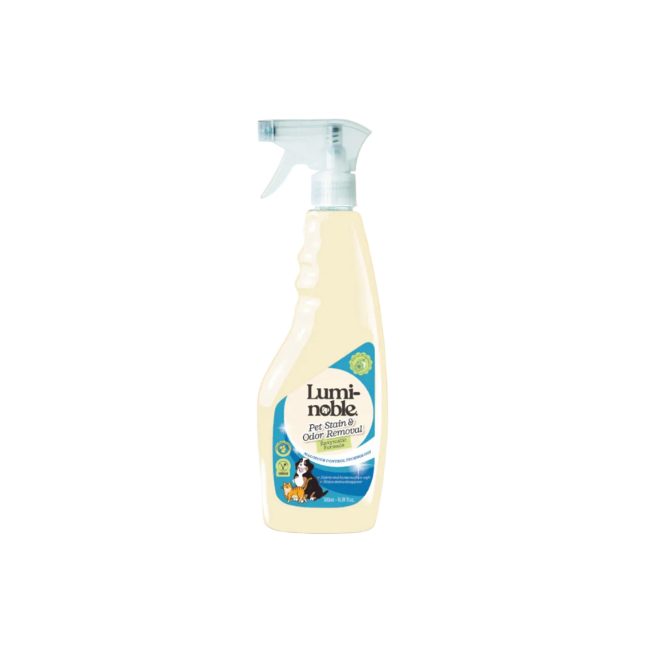 Luminoble pet stain and odor removal spray bottle on a beige background