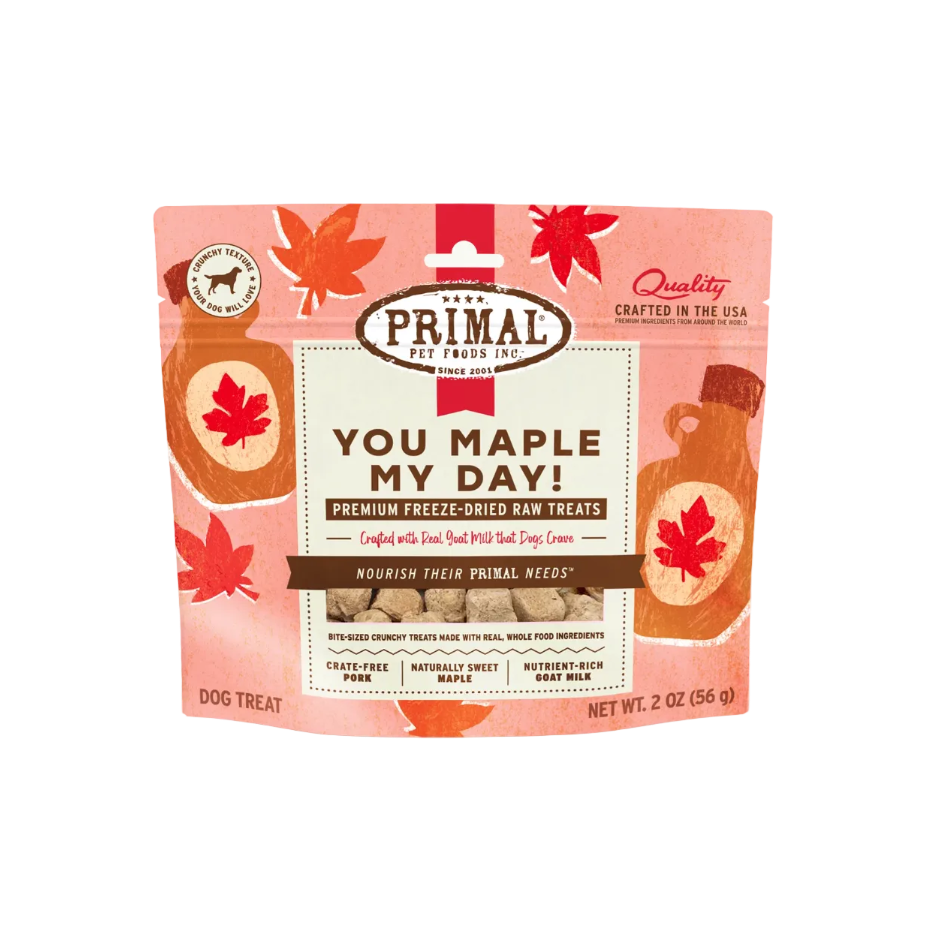 Primal Pet Foods 'You Maple My Day!' dog treat package on a white background