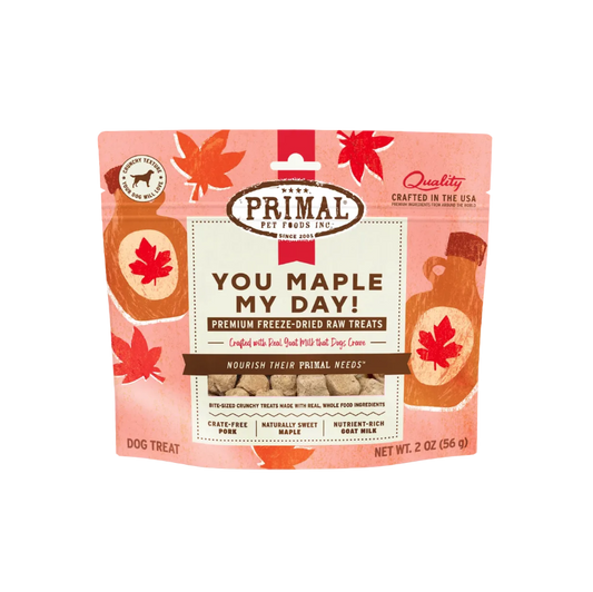 Primal Pet Foods 'You Maple My Day!' dog treat package on a white background