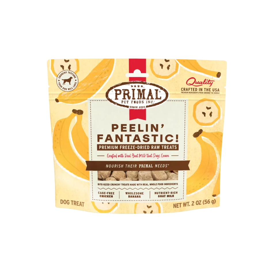 Primal Pet Foods 'Peelin' Fantastic!' dog treat package on a white background