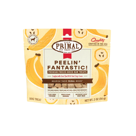 Primal Pet Foods 'Peelin' Fantastic!' dog treat package on a white background