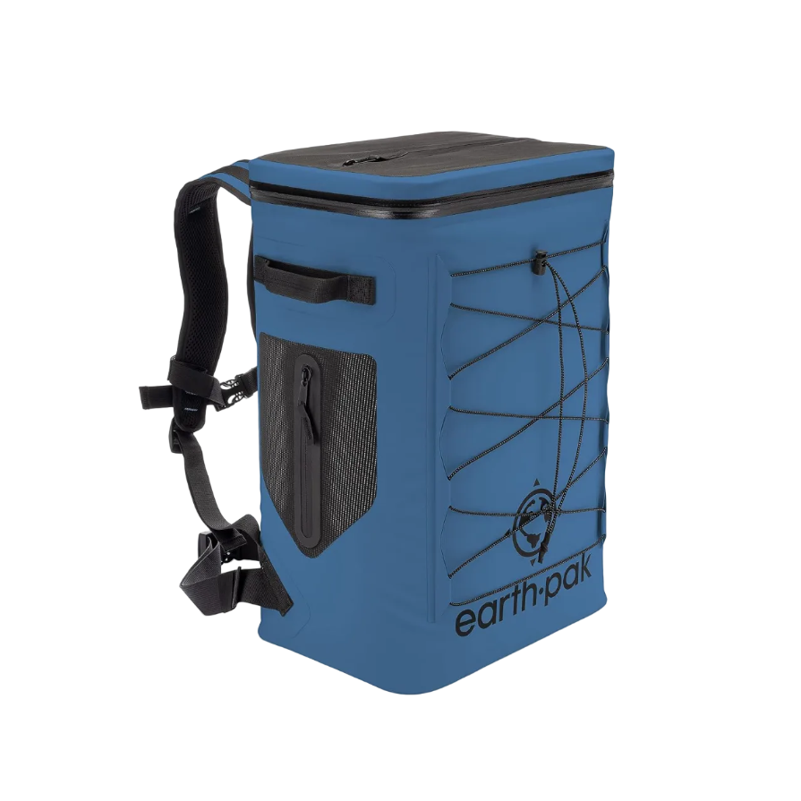 Blue cooler bag with black accents and 'earth-pak' branding on a white background