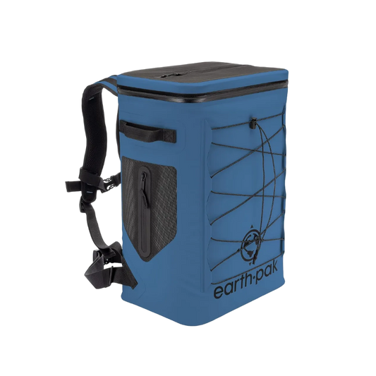 Blue cooler bag with black accents and 'earth-pak' branding on a white background