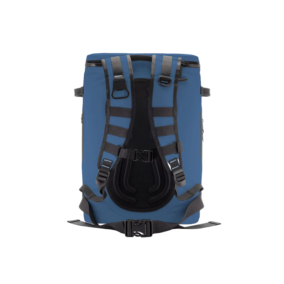 Blue backpack with black straps on a white background