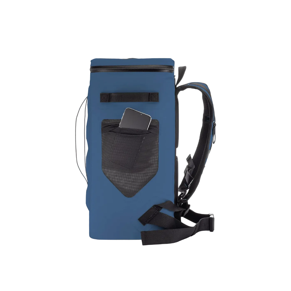 Blue backpack with a black pocket on a white background
