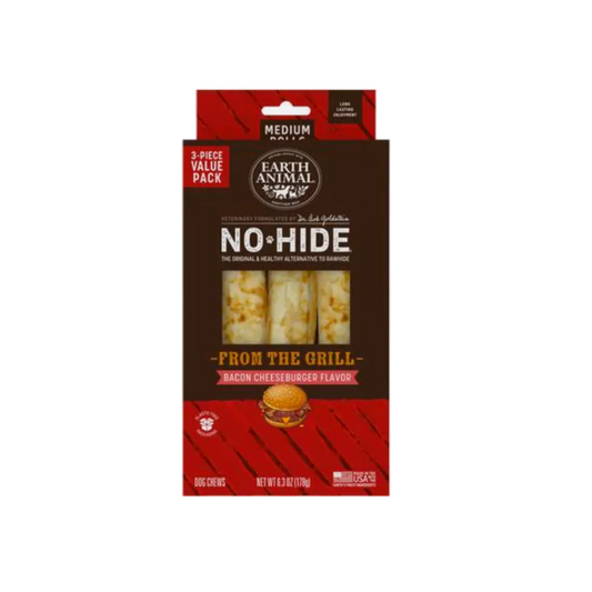 Earth Animal No-Hide Medium Size dog chews in bacon cheeseburger flavor, 3-piece value pack, shown in its retail packaging against a light gray background.