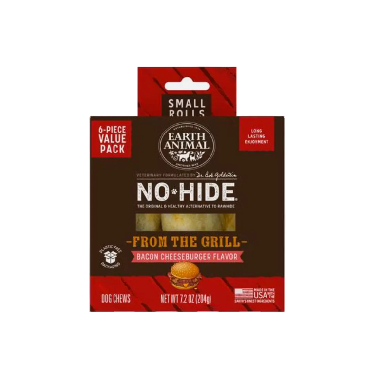 Earth Animal No Hide Small Rolls dog chews packaging in bacon cheeseburger flavor, 6-piece value pack, 7.2 oz.