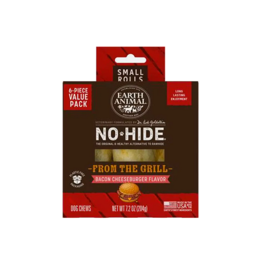 Earth Animal No Hide Small Rolls dog chews packaging in bacon cheeseburger flavor, 6-piece value pack, 7.2 oz.