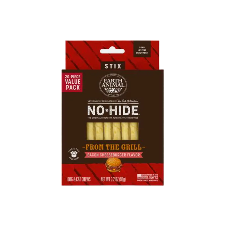 Earth Animal Stix No-Hide dog and cat chews in a 20-piece value pack, featuring bacon cheeseburger flavor. The packaging is dark brown with red accents and displays the yellow-beige chews through a clear window.