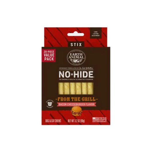 Earth Animal Stix No-Hide dog and cat chews in a 20-piece value pack, featuring bacon cheeseburger flavor. The packaging is dark brown with red accents and displays the yellow-beige chews through a clear window.