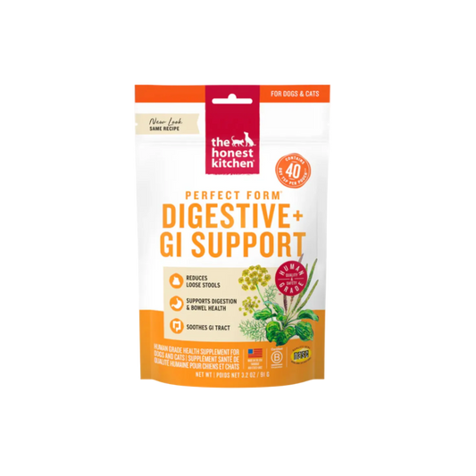 The Honest Kitchen Perfect Form Digestive+ GI Support supplement pouch for dogs and cats, featuring a white bag with orange and red text and illustrations of herbs.