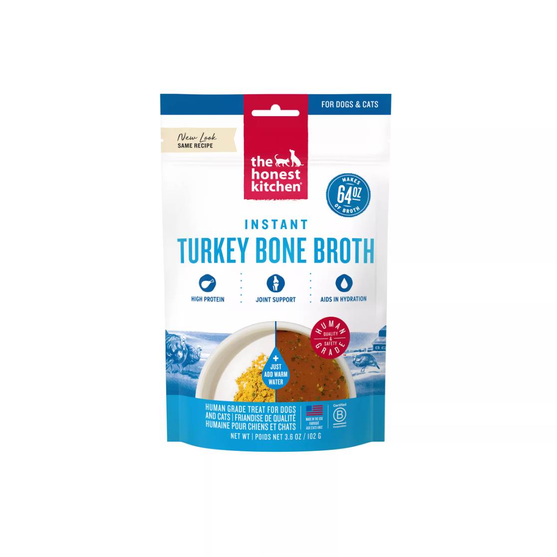 A package of The Honest Kitchen Instant Turkey Bone Broth dog and cat food, in a resealable stand-up pouch with blue, white, and red design elements.