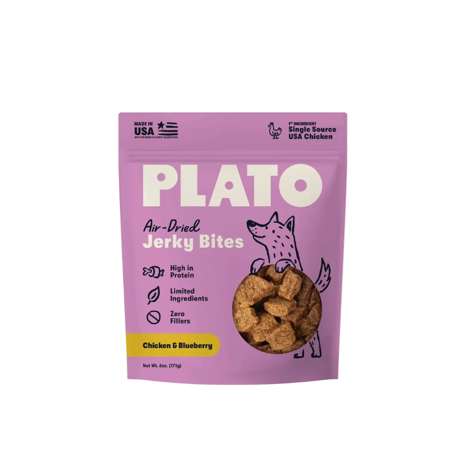 A purple stand-up pouch of PLATO Air-Dried Jerky Bites, Chicken & Blueberry flavor, on a light cream background. The packaging features a cartoon illustration of a dog and a clear window showing the brown jerky pieces inside.
