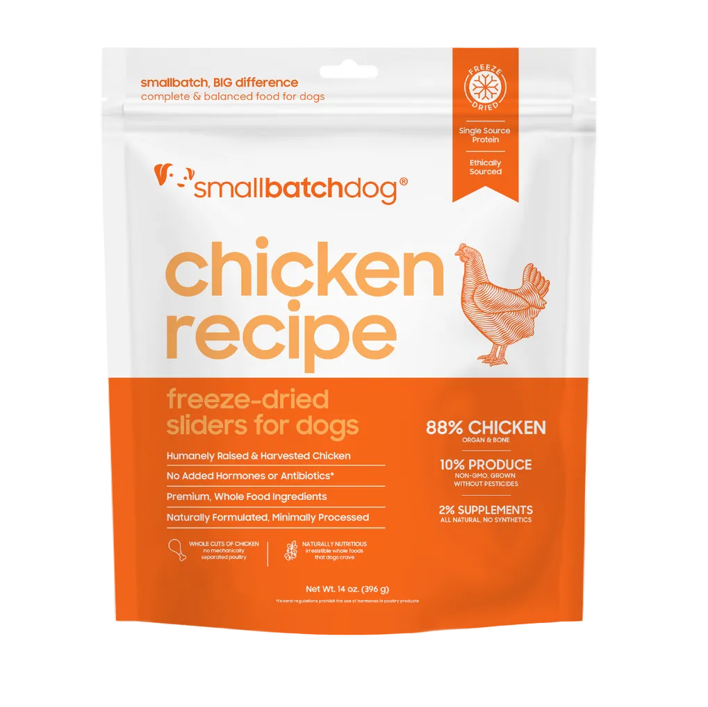 Smallbatch dog food package with chicken recipe on a white background