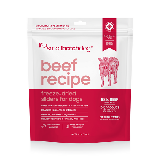 Small batch dog food package with beef recipe on a white background