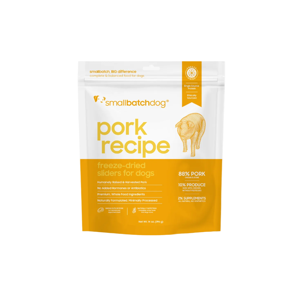 Package of Smallbatchdog pork recipe freeze-dried sliders for dogs on a white background