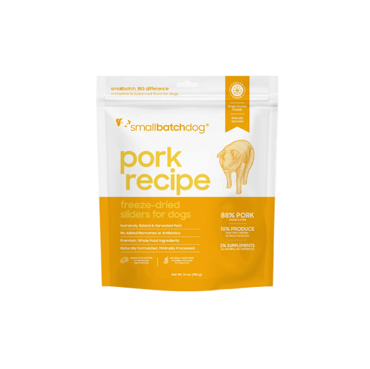 Package of Smallbatchdog pork recipe freeze-dried sliders for dogs on a white background