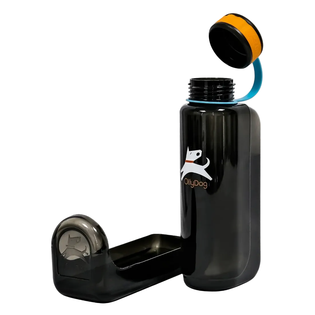 Black water bottle with a unique design on a white background