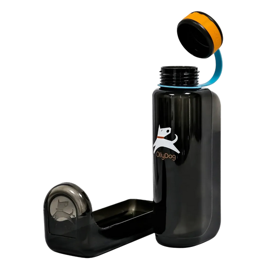 Black water bottle with a unique design on a white background