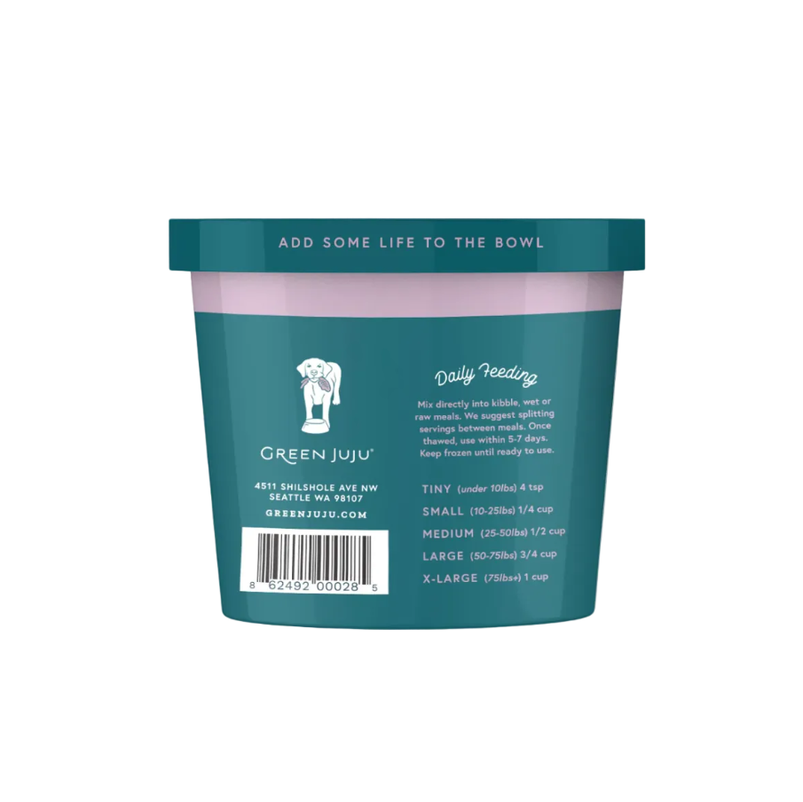 Back label of a Green Juju product container on a white background