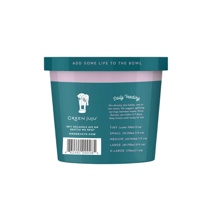 Back label of a Green Juju product container on a white background